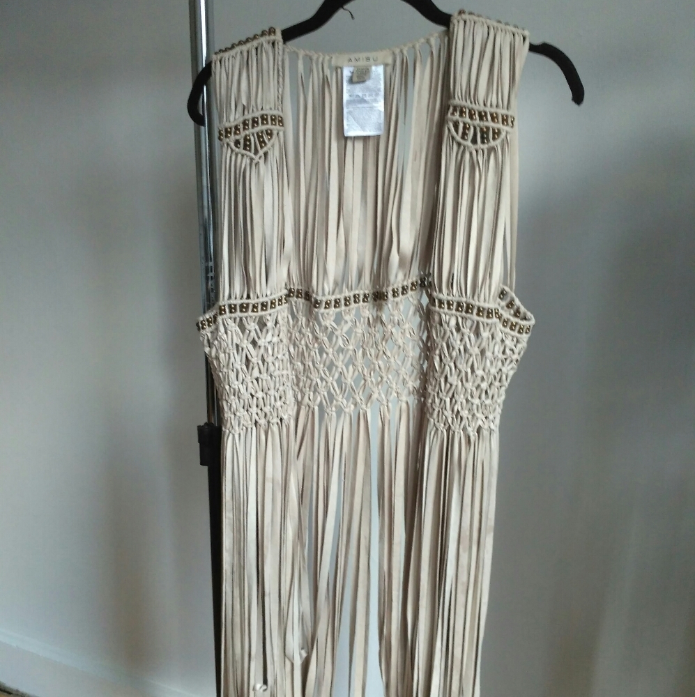 Amisu Long suede tan fringe vest